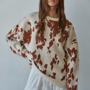 By Together Cow-Print Crewneck Sweater in Cream & Brown